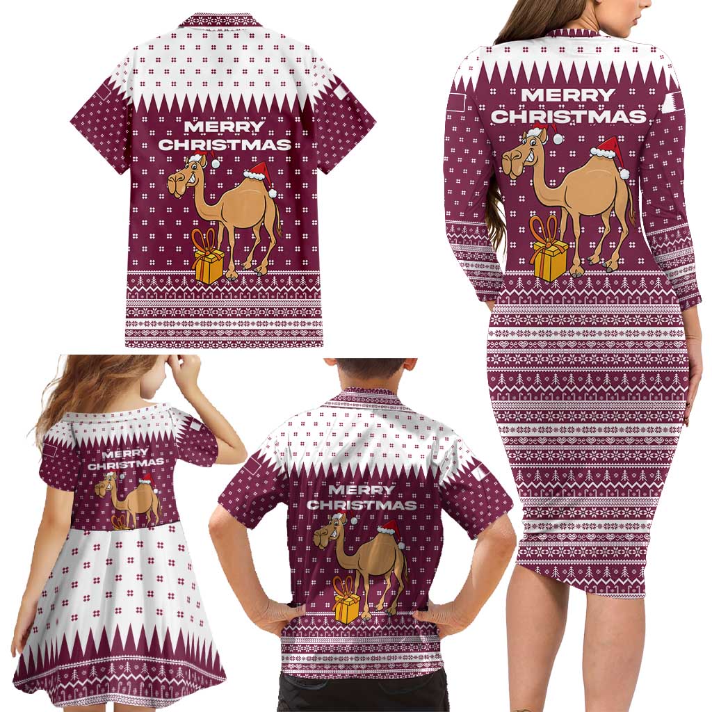 Qatar Christmas Family Matching Long Sleeve Bodycon Dress and Hawaiian Shirt with Maroon-White Design, National Emblem, and Camel Motif - Wonder Print Shop