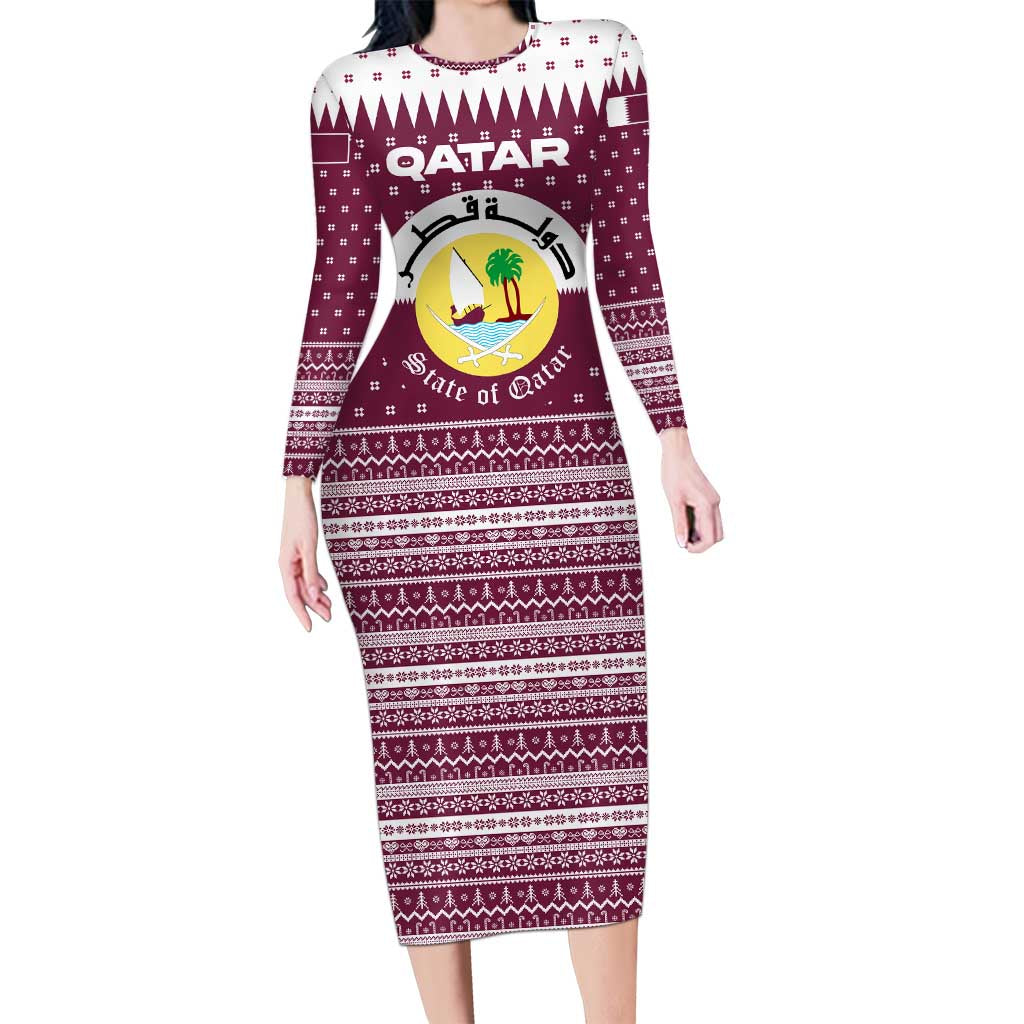 Qatar Christmas Family Matching Long Sleeve Bodycon Dress and Hawaiian Shirt with Maroon-White Design, National Emblem, and Camel Motif - Wonder Print Shop