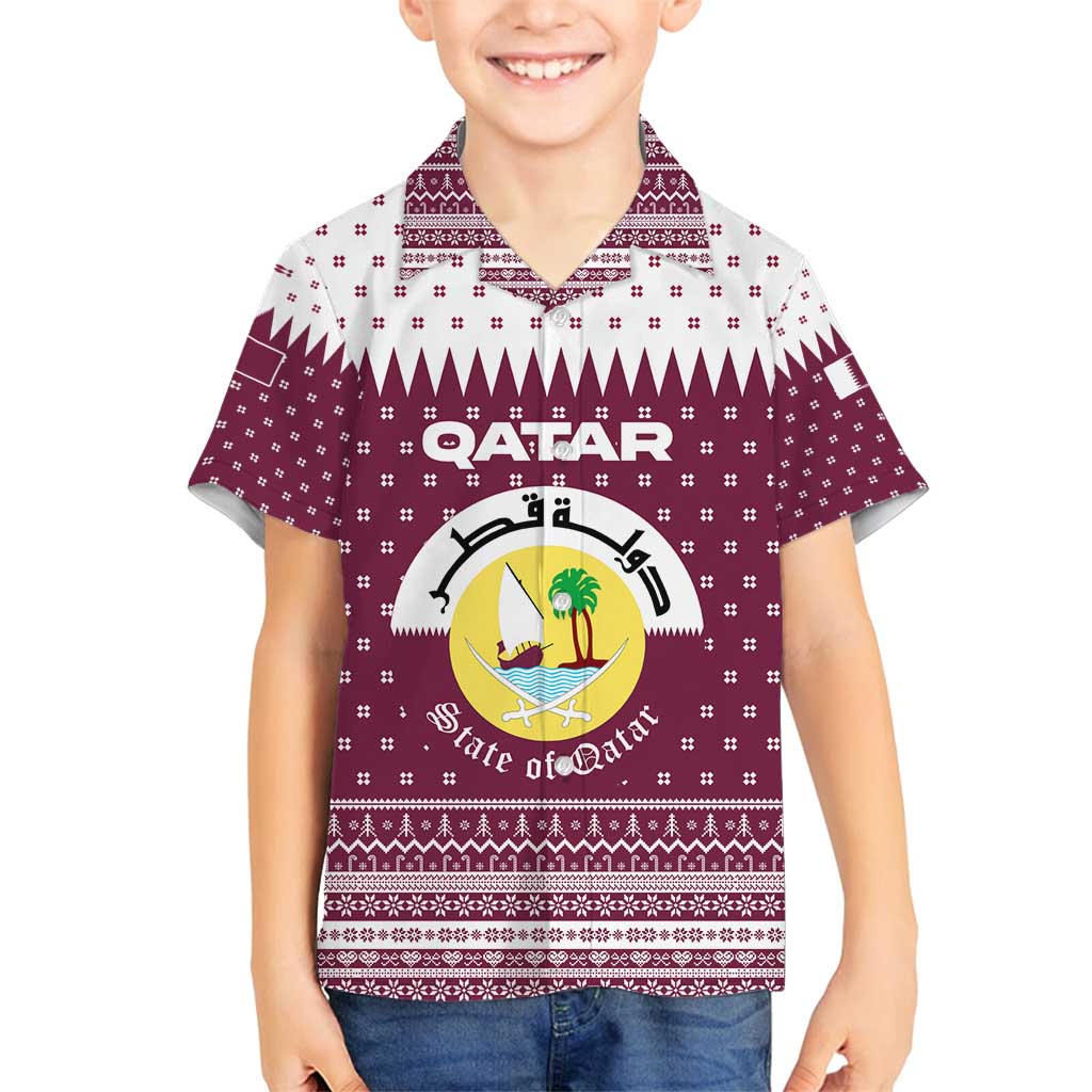 Qatar Christmas Family Matching Long Sleeve Bodycon Dress and Hawaiian Shirt with Maroon-White Design, National Emblem, and Camel Motif - Wonder Print Shop