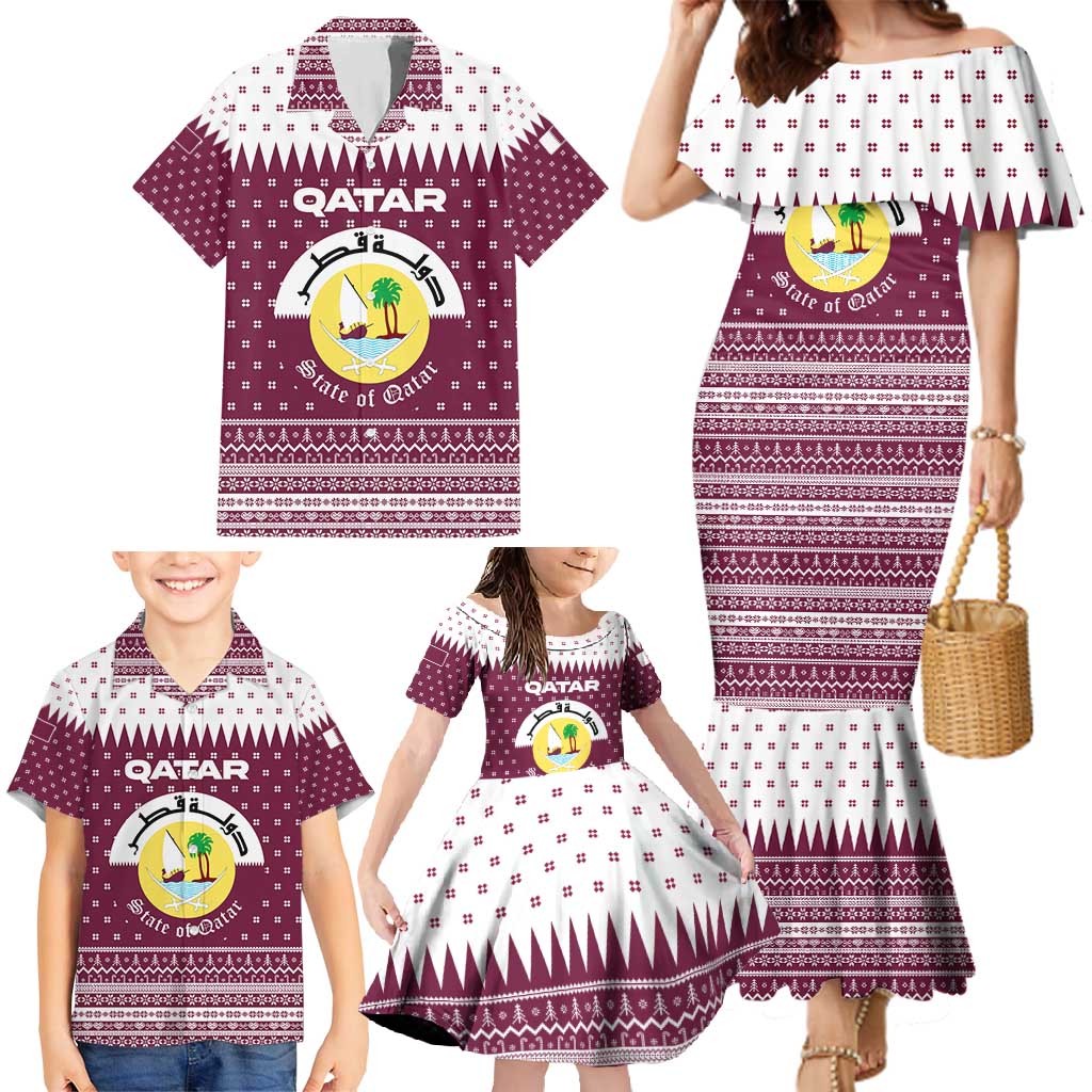 Qatar Christmas Family Matching Mermaid Dress and Hawaiian Shirt with Maroon-White Design, National Emblem, and Camel Motif - Wonder Print Shop