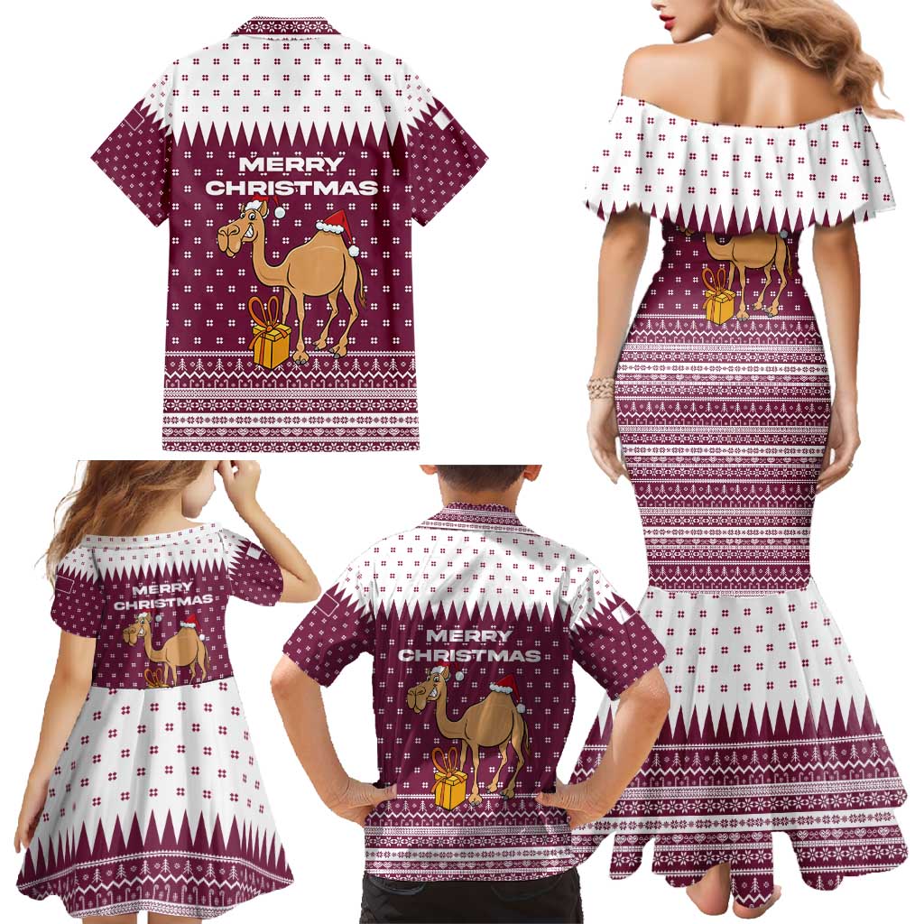 Qatar Christmas Family Matching Mermaid Dress and Hawaiian Shirt with Maroon-White Design, National Emblem, and Camel Motif - Wonder Print Shop