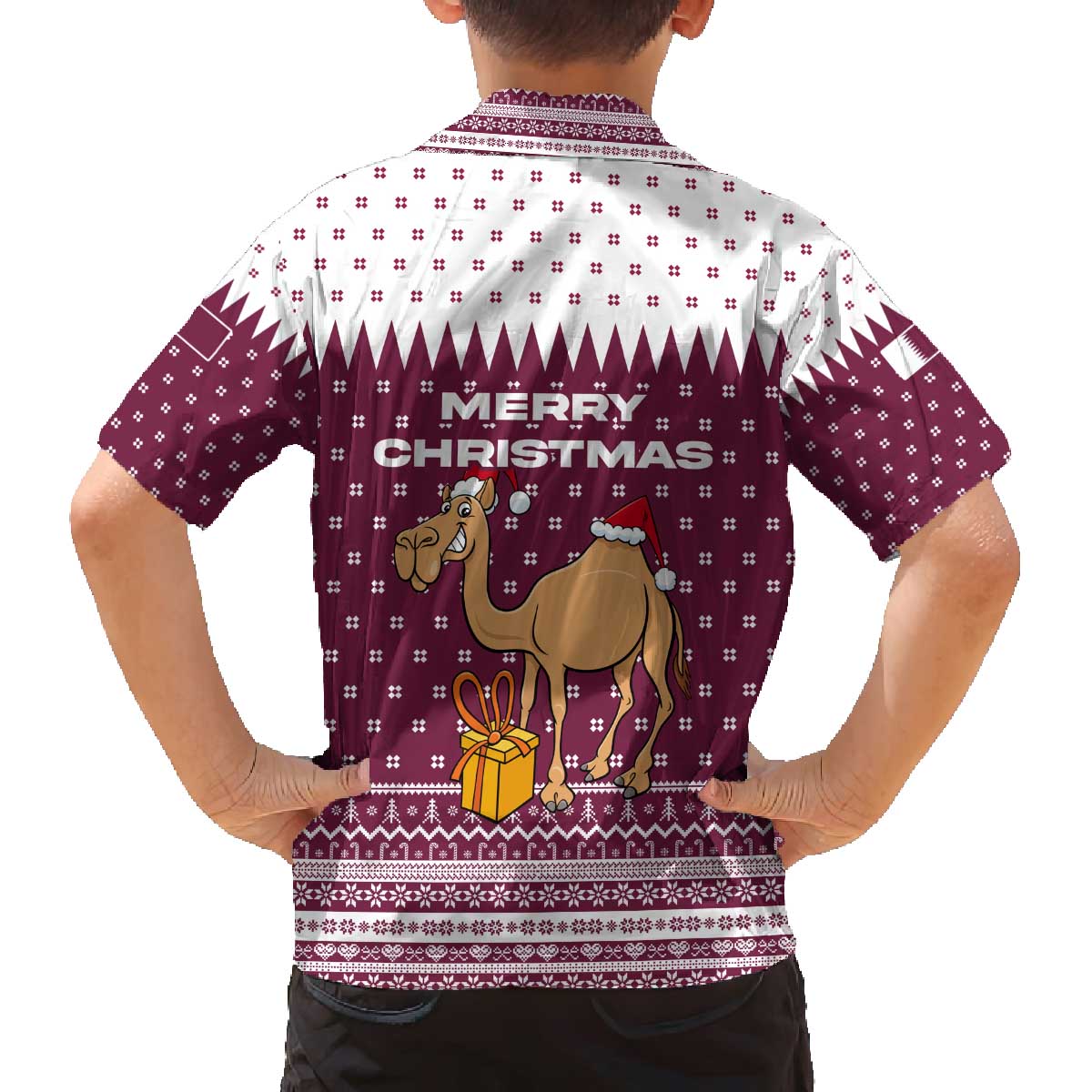 Qatar Christmas Family Matching Off The Shoulder Long Sleeve Dress and Hawaiian Shirt with Maroon-White Design, National Emblem, and Camel Motif - Wonder Print Shop