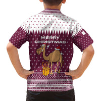 Qatar Christmas Family Matching Off The Shoulder Long Sleeve Dress and Hawaiian Shirt with Maroon-White Design, National Emblem, and Camel Motif - Wonder Print Shop