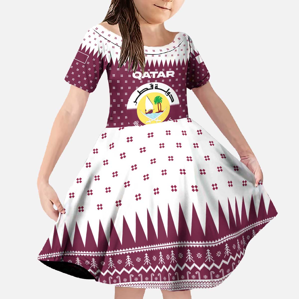 Qatar Christmas Family Matching Off The Shoulder Long Sleeve Dress and Hawaiian Shirt with Maroon-White Design, National Emblem, and Camel Motif - Wonder Print Shop