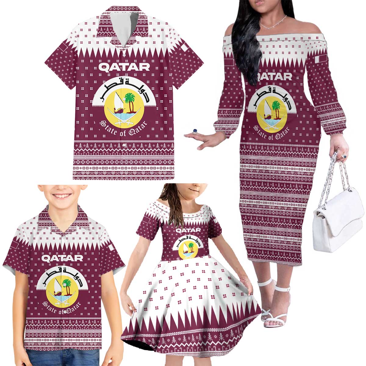 Qatar Christmas Family Matching Off The Shoulder Long Sleeve Dress and Hawaiian Shirt with Maroon-White Design, National Emblem, and Camel Motif - Wonder Print Shop