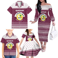 Qatar Christmas Family Matching Off The Shoulder Long Sleeve Dress and Hawaiian Shirt with Maroon-White Design, National Emblem, and Camel Motif - Wonder Print Shop