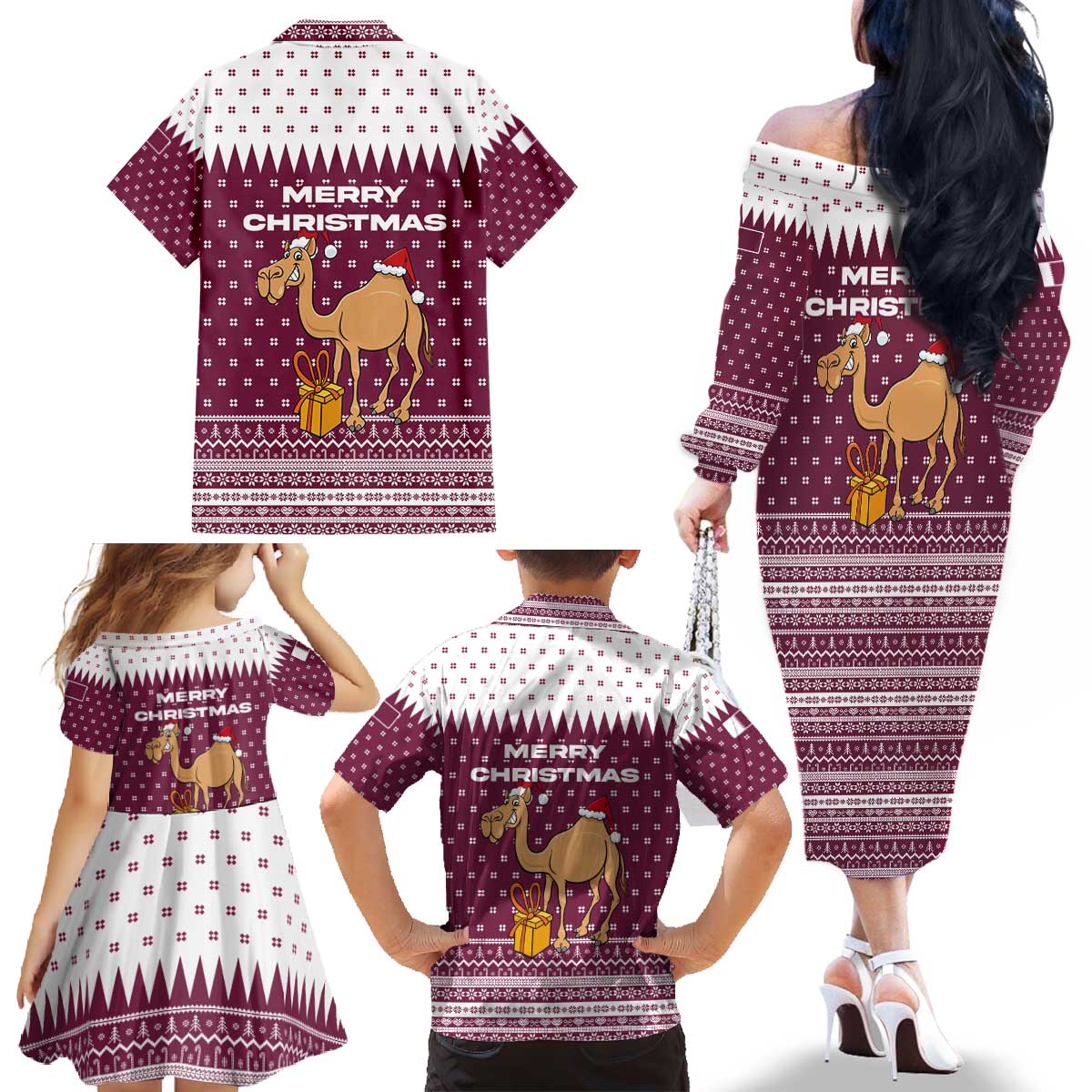 Qatar Christmas Family Matching Off The Shoulder Long Sleeve Dress and Hawaiian Shirt with Maroon-White Design, National Emblem, and Camel Motif - Wonder Print Shop