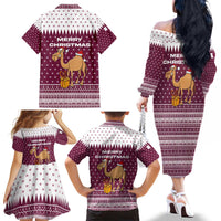 Qatar Christmas Family Matching Off The Shoulder Long Sleeve Dress and Hawaiian Shirt with Maroon-White Design, National Emblem, and Camel Motif - Wonder Print Shop