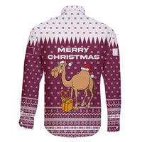 Qatar Christmas Family Matching Off The Shoulder Long Sleeve Dress and Hawaiian Shirt with Maroon-White Design, National Emblem, and Camel Motif - Wonder Print Shop