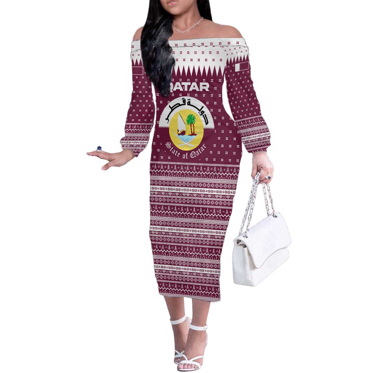 Qatar Christmas Family Matching Off The Shoulder Long Sleeve Dress and Hawaiian Shirt with Maroon-White Design, National Emblem, and Camel Motif - Wonder Print Shop