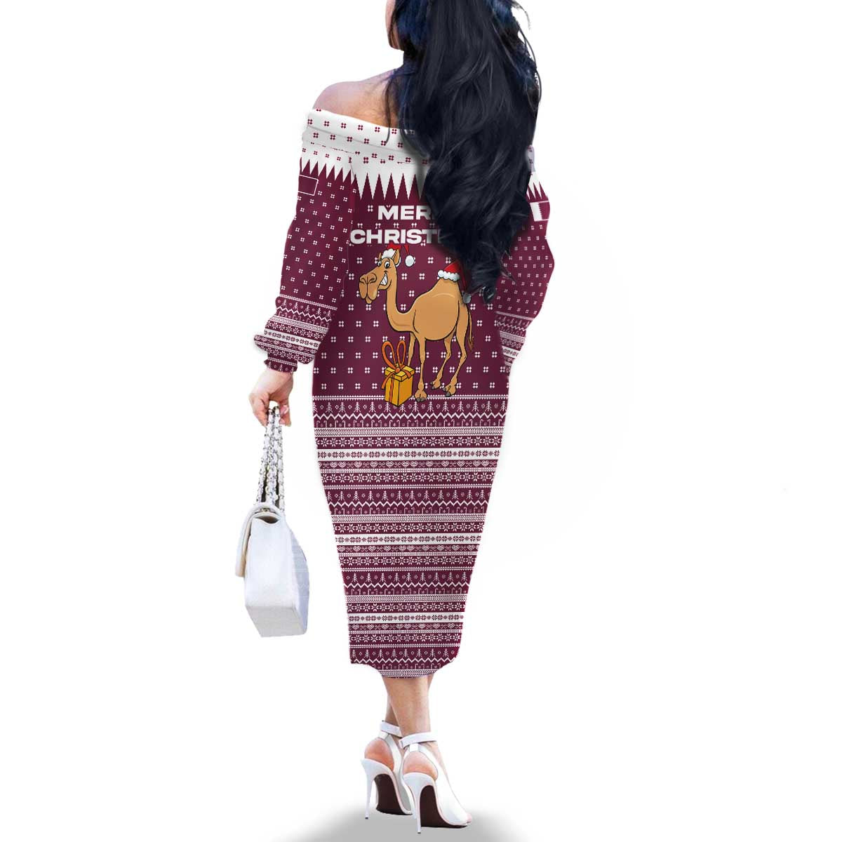 Qatar Christmas Family Matching Off The Shoulder Long Sleeve Dress and Hawaiian Shirt with Maroon-White Design, National Emblem, and Camel Motif - Wonder Print Shop