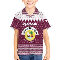 Qatar Christmas Family Matching Off The Shoulder Long Sleeve Dress and Hawaiian Shirt with Maroon-White Design, National Emblem, and Camel Motif - Wonder Print Shop
