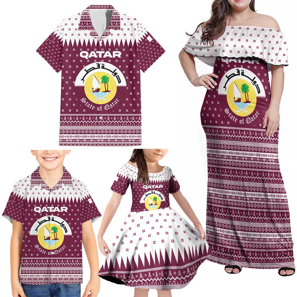 Qatar Christmas Family Matching Off Shoulder Maxi Dress and Hawaiian Shirt with Maroon-White Design, National Emblem, and Camel Motif - Wonder Print Shop