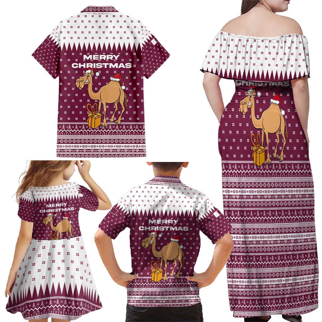 Qatar Christmas Family Matching Off Shoulder Maxi Dress and Hawaiian Shirt with Maroon-White Design, National Emblem, and Camel Motif - Wonder Print Shop