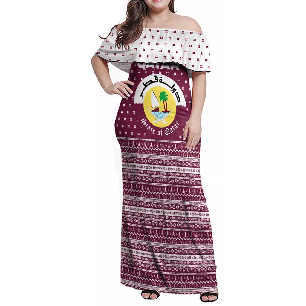 Qatar Christmas Family Matching Off Shoulder Maxi Dress and Hawaiian Shirt with Maroon-White Design, National Emblem, and Camel Motif - Wonder Print Shop