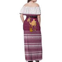 Qatar Christmas Family Matching Off Shoulder Maxi Dress and Hawaiian Shirt with Maroon-White Design, National Emblem, and Camel Motif - Wonder Print Shop