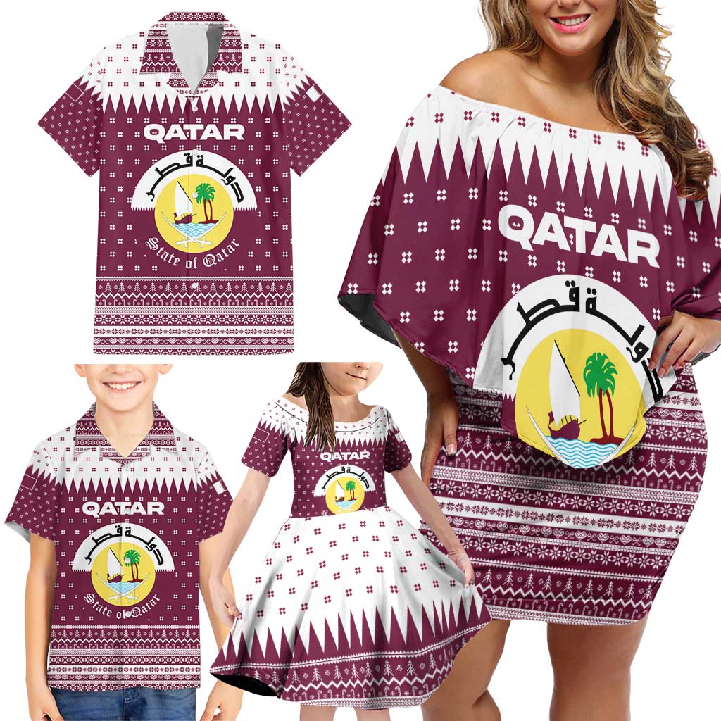 Qatar Christmas Family Matching Off Shoulder Short Dress and Hawaiian Shirt with Maroon-White Design, National Emblem, and Camel Motif - Wonder Print Shop