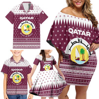 Qatar Christmas Family Matching Off Shoulder Short Dress and Hawaiian Shirt with Maroon-White Design, National Emblem, and Camel Motif - Wonder Print Shop
