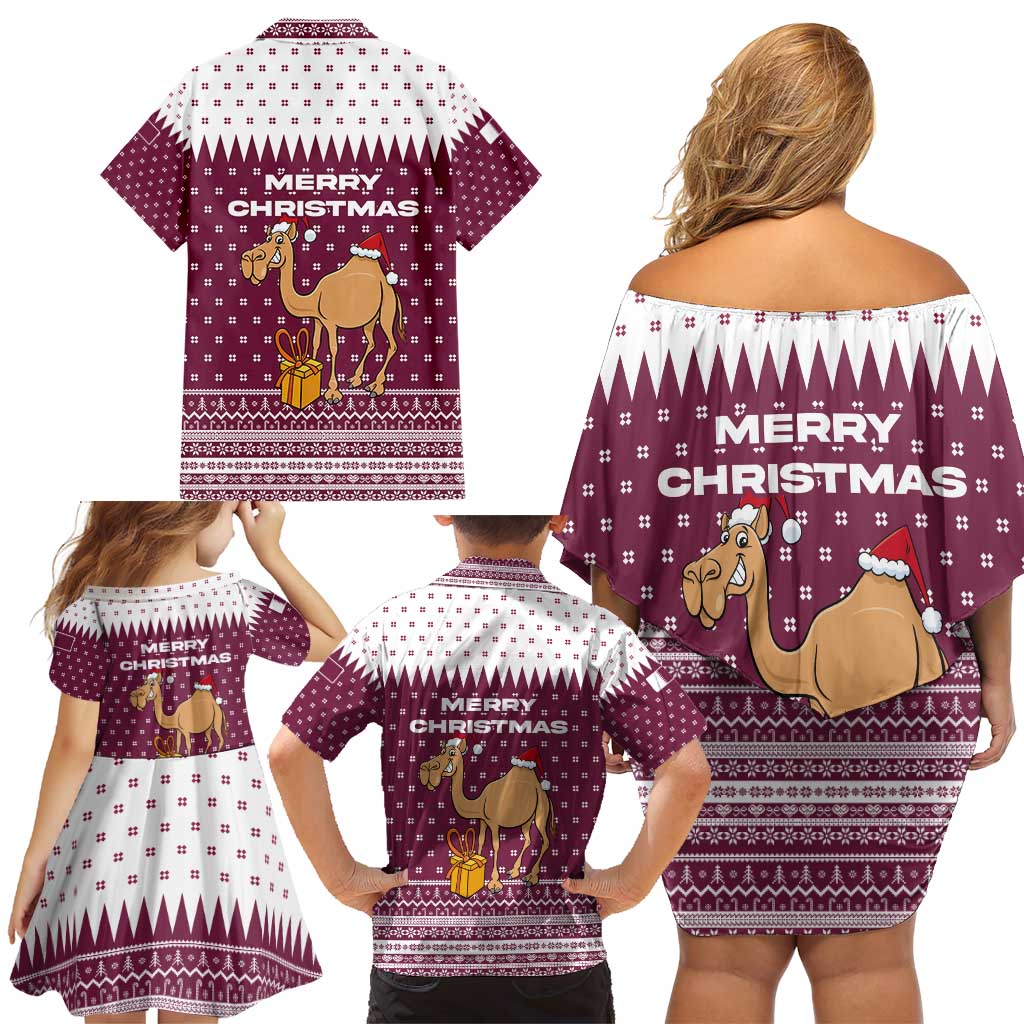 Qatar Christmas Family Matching Off Shoulder Short Dress and Hawaiian Shirt with Maroon-White Design, National Emblem, and Camel Motif - Wonder Print Shop