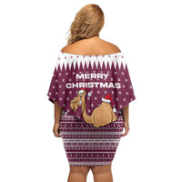 Qatar Christmas Family Matching Off Shoulder Short Dress and Hawaiian Shirt with Maroon-White Design, National Emblem, and Camel Motif - Wonder Print Shop