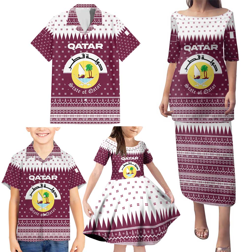 Qatar Christmas Family Matching Puletasi and Hawaiian Shirt with Maroon-White Design, National Emblem, and Camel Motif - Wonder Print Shop