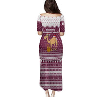 Qatar Christmas Family Matching Puletasi and Hawaiian Shirt with Maroon-White Design, National Emblem, and Camel Motif - Wonder Print Shop