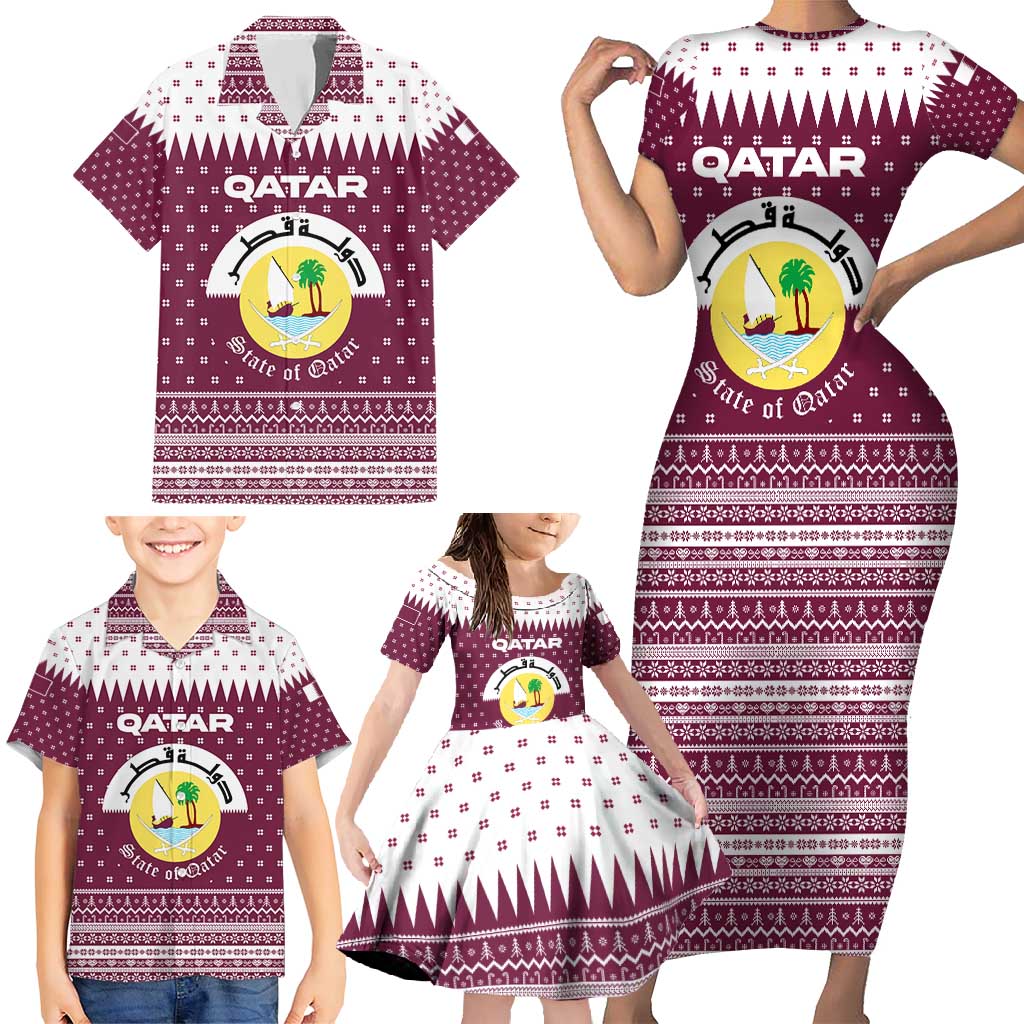 Qatar Christmas Family Matching Short Sleeve Bodycon Dress and Hawaiian Shirt with Maroon-White Design, National Emblem, and Camel Motif - Wonder Print Shop