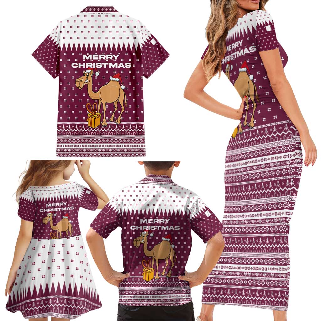Qatar Christmas Family Matching Short Sleeve Bodycon Dress and Hawaiian Shirt with Maroon-White Design, National Emblem, and Camel Motif - Wonder Print Shop