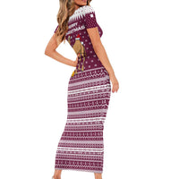 Qatar Christmas Family Matching Short Sleeve Bodycon Dress and Hawaiian Shirt with Maroon-White Design, National Emblem, and Camel Motif - Wonder Print Shop