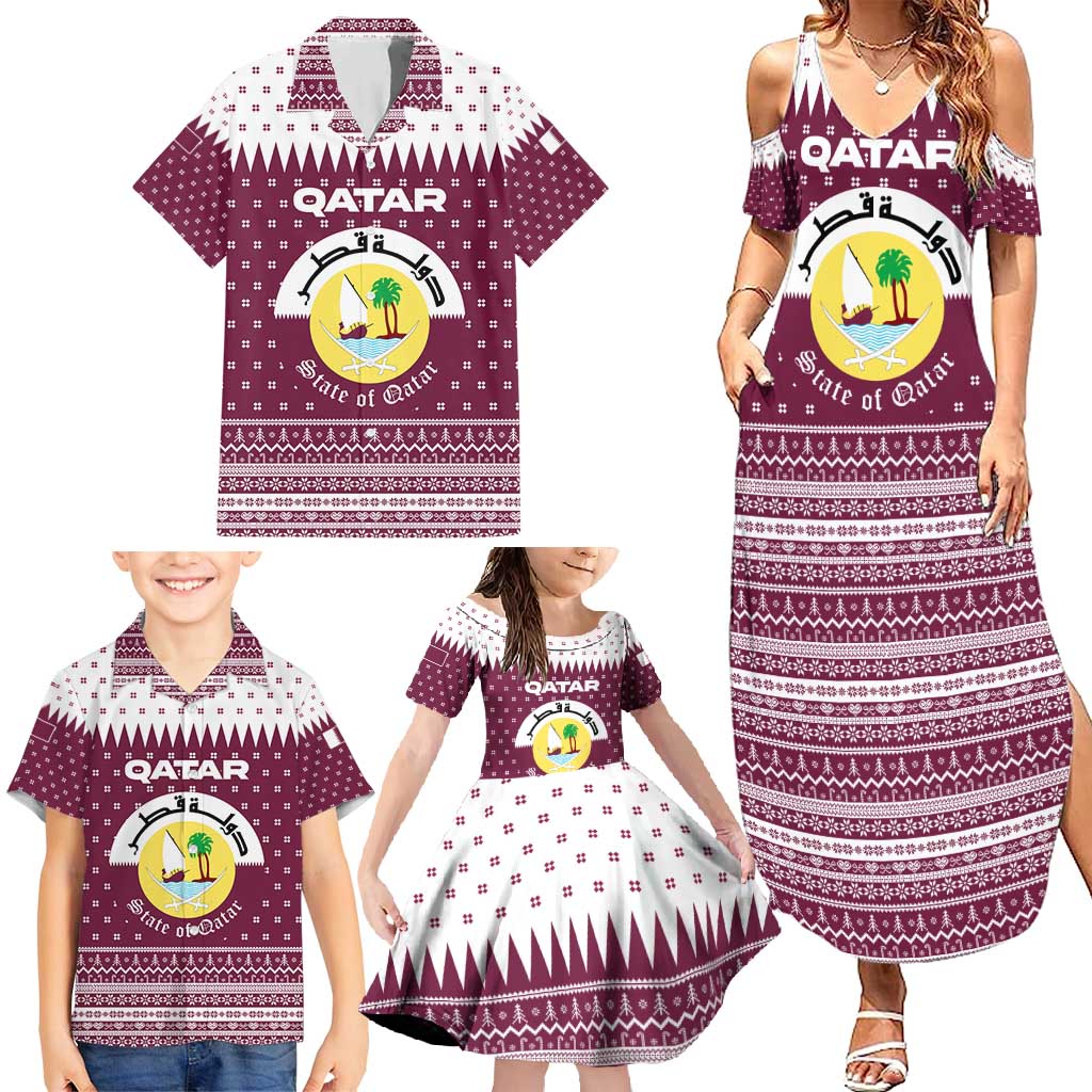 Qatar Christmas Family Matching Summer Maxi Dress and Hawaiian Shirt with Maroon-White Design, National Emblem, and Camel Motif - Wonder Print Shop