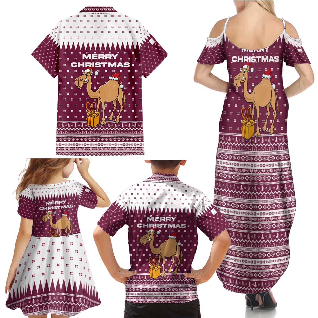 Qatar Christmas Family Matching Summer Maxi Dress and Hawaiian Shirt with Maroon-White Design, National Emblem, and Camel Motif - Wonder Print Shop