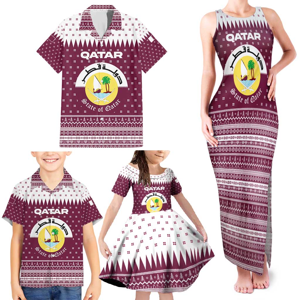 Qatar Christmas Family Matching Tank Maxi Dress and Hawaiian Shirt with Maroon-White Design, National Emblem, and Camel Motif - Wonder Print Shop