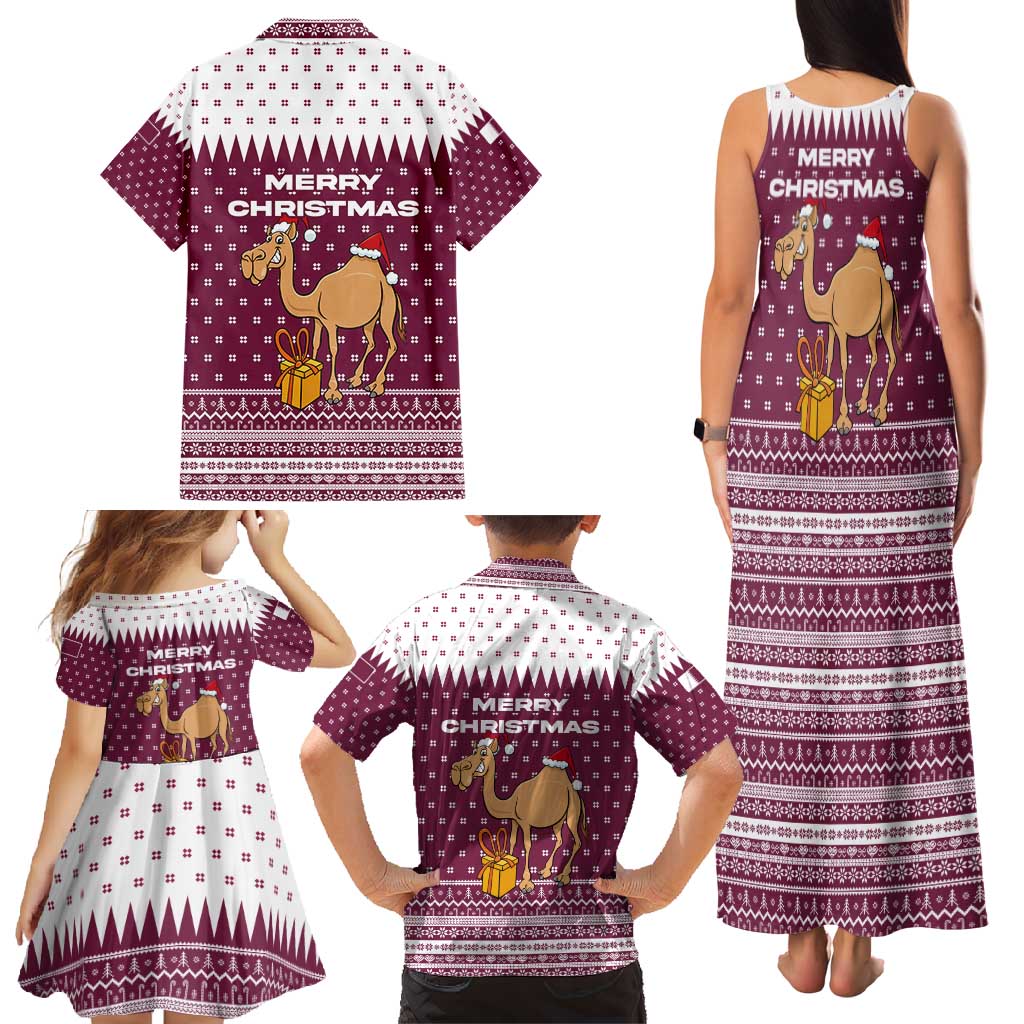 Qatar Christmas Family Matching Tank Maxi Dress and Hawaiian Shirt with Maroon-White Design, National Emblem, and Camel Motif - Wonder Print Shop