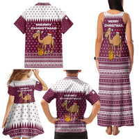 Qatar Christmas Family Matching Tank Maxi Dress and Hawaiian Shirt with Maroon-White Design, National Emblem, and Camel Motif - Wonder Print Shop