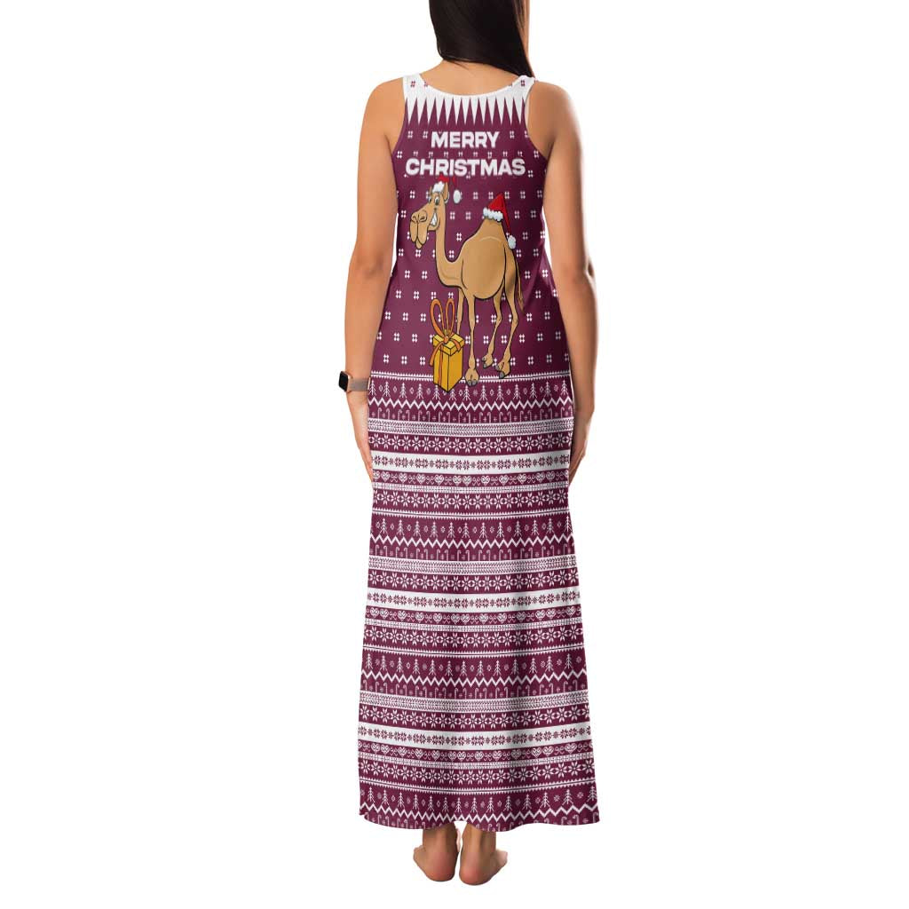 Qatar Christmas Family Matching Tank Maxi Dress and Hawaiian Shirt with Maroon-White Design, National Emblem, and Camel Motif - Wonder Print Shop