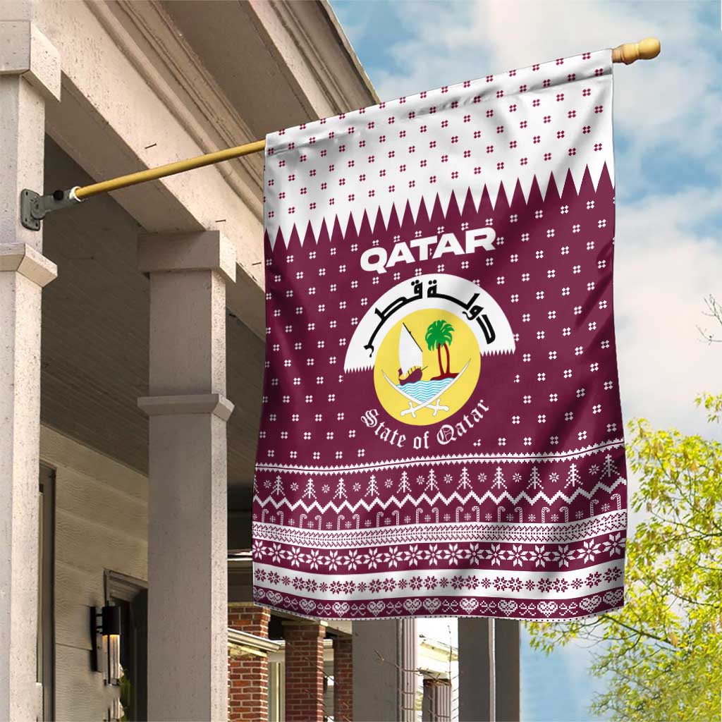 Qatar Christmas Garden Flag with Maroon-White Design, National Emblem, and Camel Motif - Wonder Print Shop