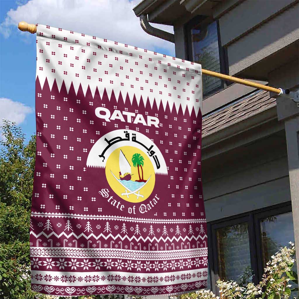 Qatar Christmas Garden Flag with Maroon-White Design, National Emblem, and Camel Motif - Wonder Print Shop