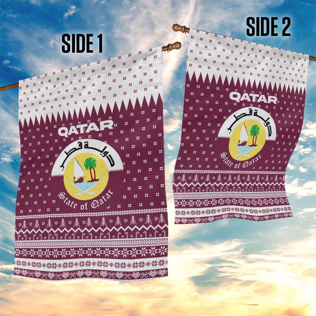 Qatar Christmas Garden Flag with Maroon-White Design, National Emblem, and Camel Motif - Wonder Print Shop