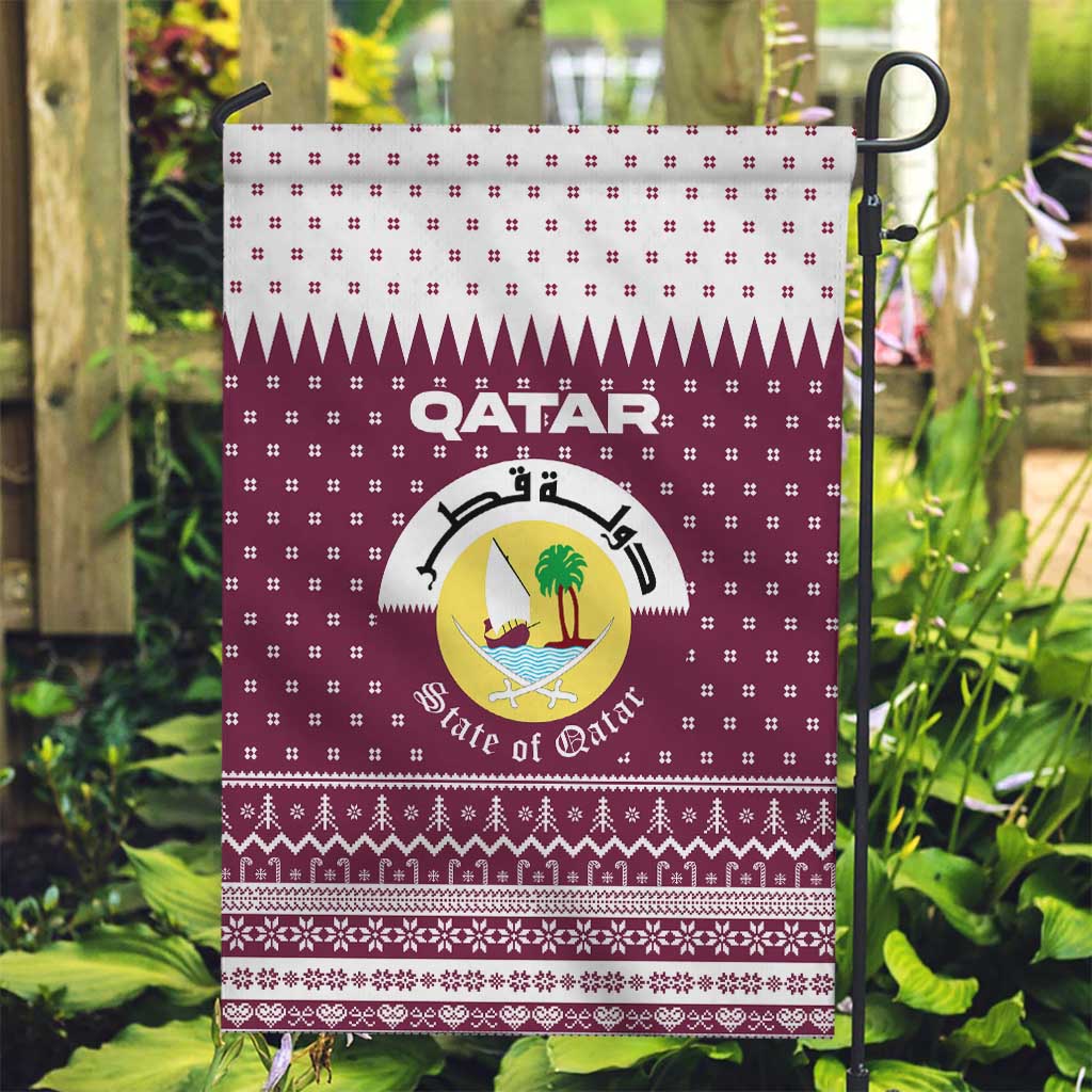 Qatar Christmas Garden Flag with Maroon-White Design, National Emblem, and Camel Motif - Wonder Print Shop