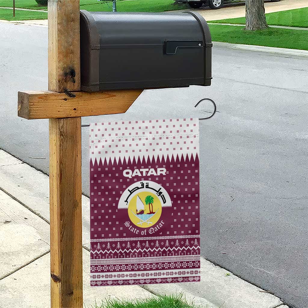 Qatar Christmas Garden Flag with Maroon-White Design, National Emblem, and Camel Motif - Wonder Print Shop