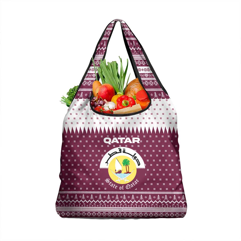 Qatar Christmas Grocery Bag with Maroon-White Design, National Emblem, and Camel Motif - Wonder Print Shop