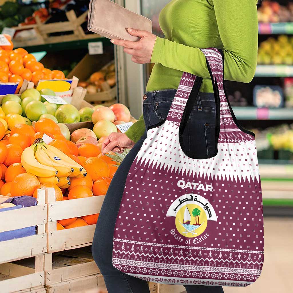 Qatar Christmas Grocery Bag with Maroon-White Design, National Emblem, and Camel Motif - Wonder Print Shop