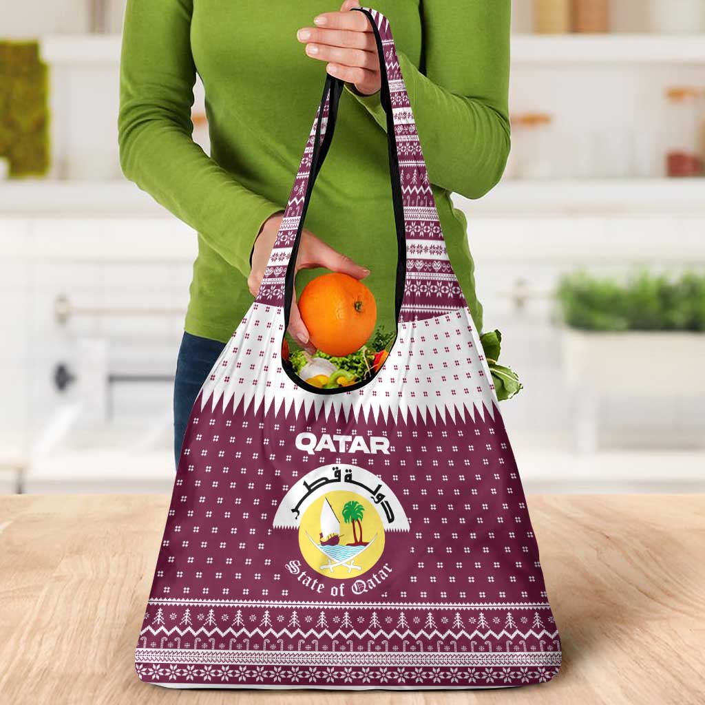 Qatar Christmas Grocery Bag with Maroon-White Design, National Emblem, and Camel Motif - Wonder Print Shop