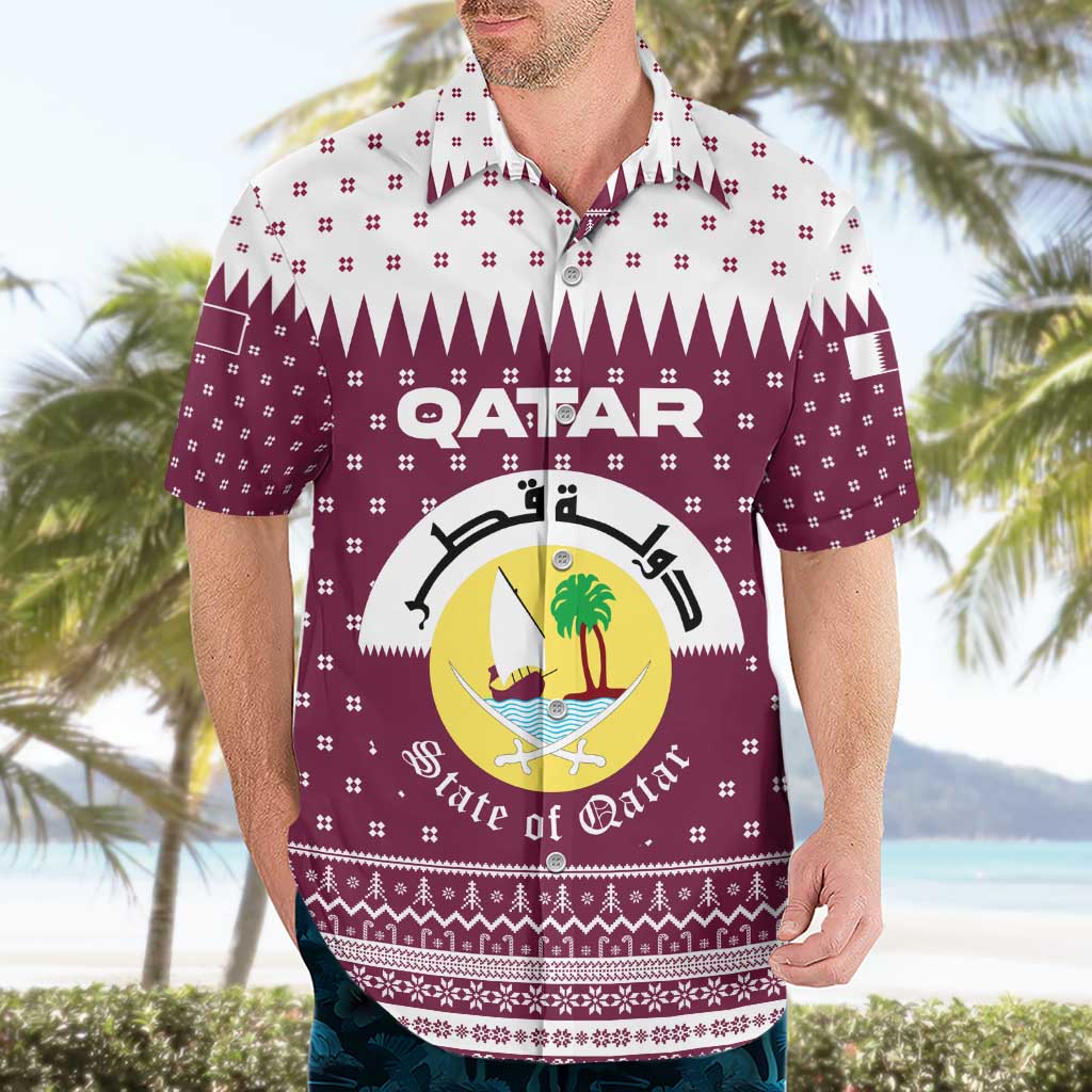 Qatar Christmas Hawaiian Shirt with Maroon-White Design, National Emblem, and Camel Motif - Wonder Print Shop
