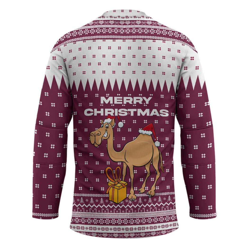 Qatar Christmas Hockey Jersey with Maroon-White Design, National Emblem, and Camel Motif - Wonder Print Shop