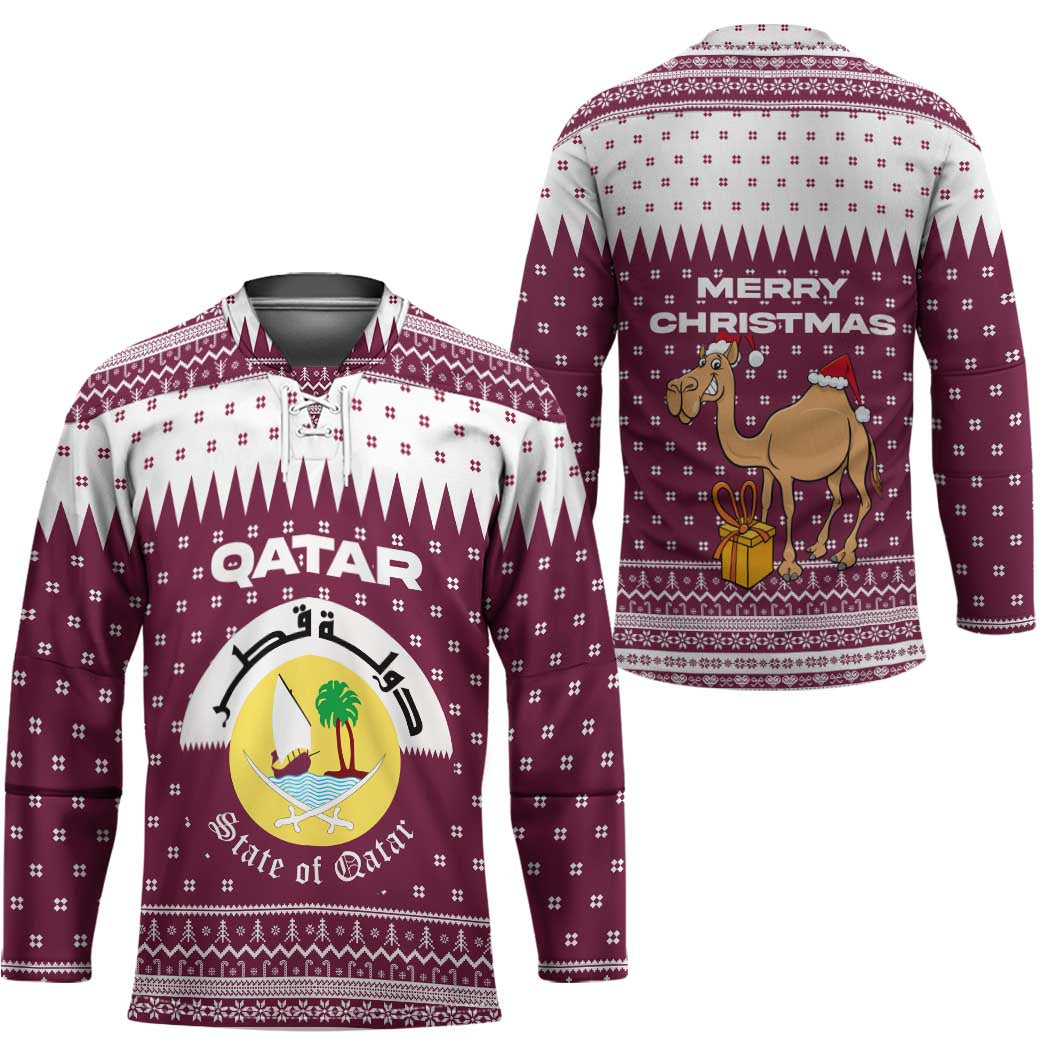 Qatar Christmas Hockey Jersey with Maroon-White Design, National Emblem, and Camel Motif - Wonder Print Shop