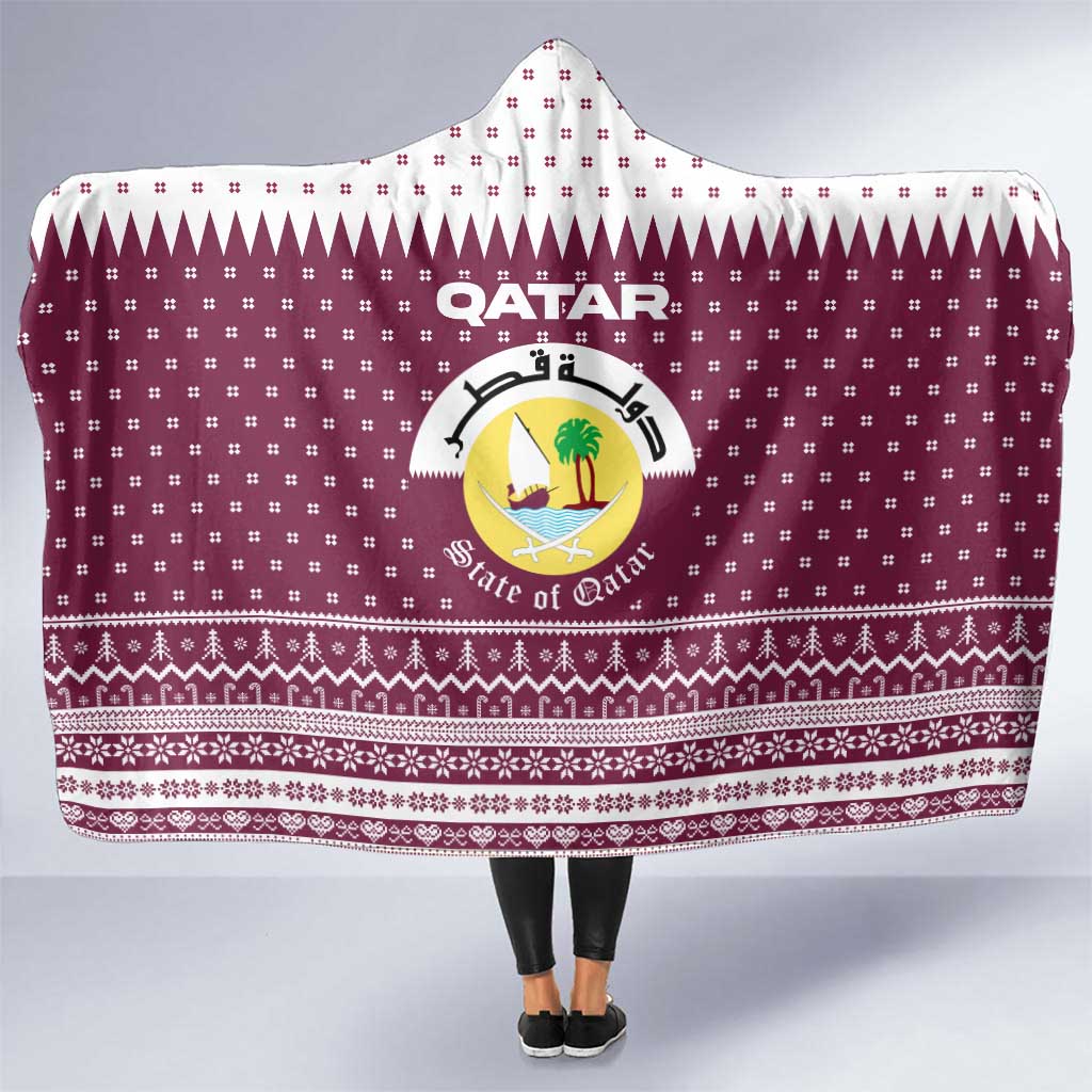 Qatar Christmas Hooded Blanket with Maroon-White Design, National Emblem, and Camel Motif - Wonder Print Shop