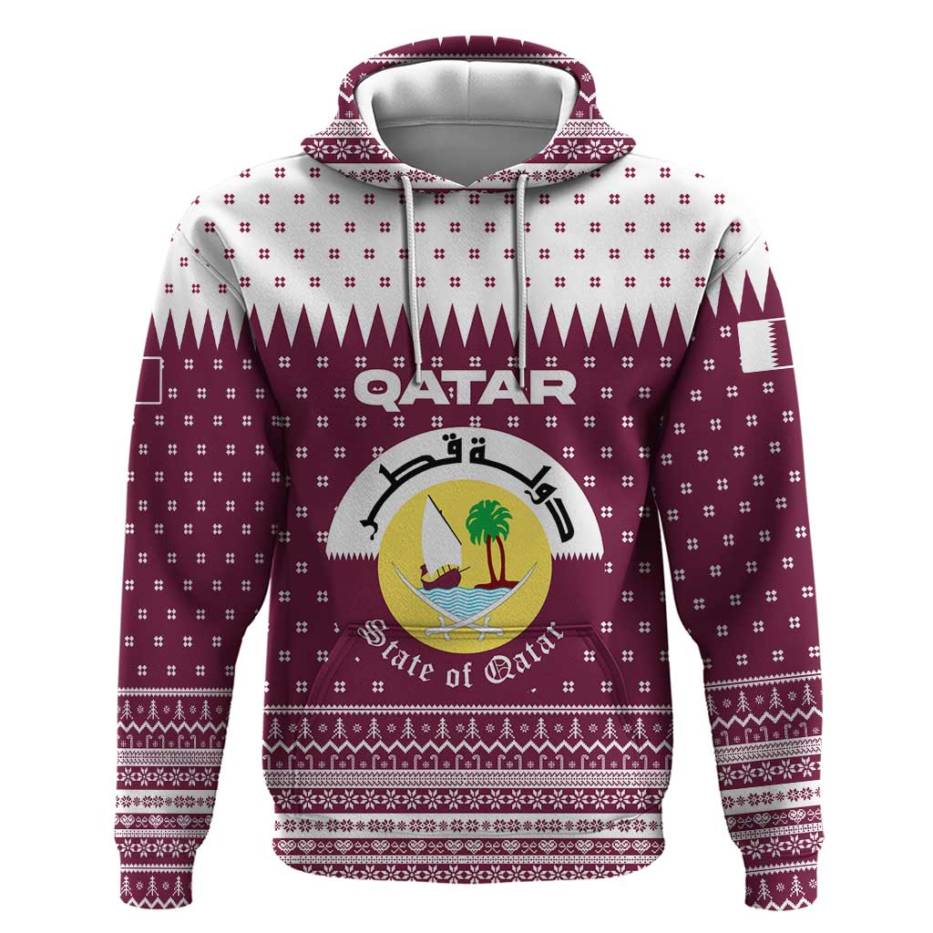 Qatar Christmas Hoodie with Maroon-White Design, National Emblem, and Camel Motif - Wonder Print Shop