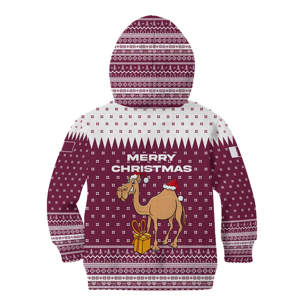 Qatar Christmas Kid Hoodie with Maroon-White Design, National Emblem, and Camel Motif - Wonder Print Shop