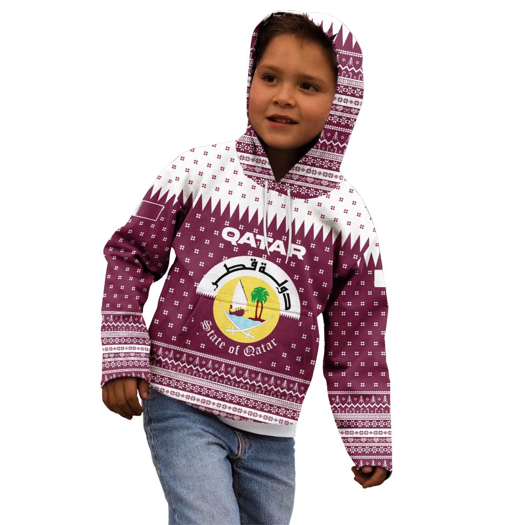 Qatar Christmas Kid Hoodie with Maroon-White Design, National Emblem, and Camel Motif - Wonder Print Shop